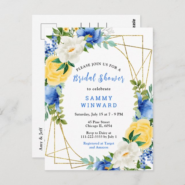 Postal Flores azules y amarillas con ducha de novia folla (Anverso / Reverso)