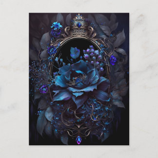 Postal Flores azules y moradas y joyas victorianas gótica