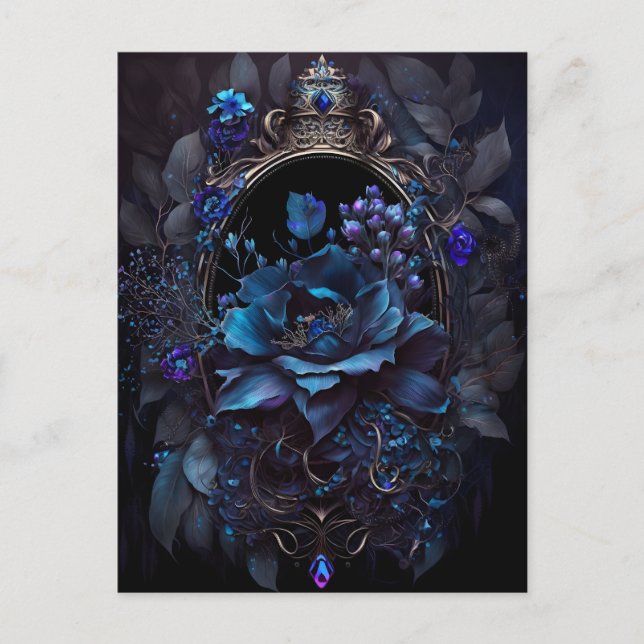 Postal Flores azules y moradas y joyas victorianas gótica (Anverso)