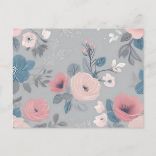 Postal Flores azules y rosas de época en gris claro