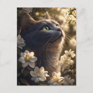 Postal Flores blancas de gato azul ruso