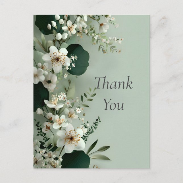 Postal Flores blancas Sage Green Background Gracias Tarje (Anverso)