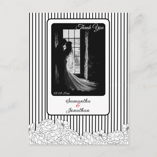 Postal Flores blancas y negras con franjas gracias (Anverso)