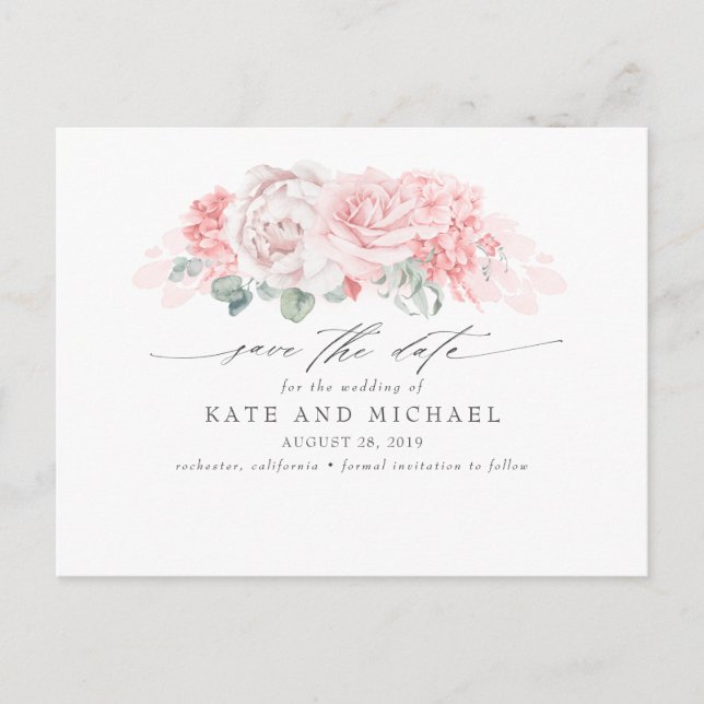 Postal Flores blandas rosas elegantes salven la fecha (Anverso)