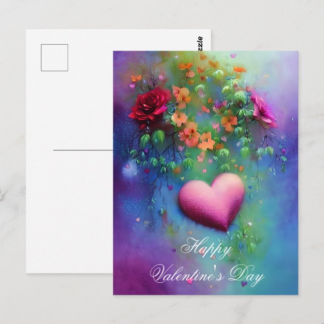 Postal Flores brumosas y corazón de San Valentín (Anverso / Reverso)