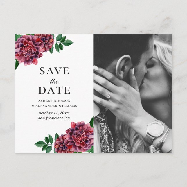 Postal Flores burgundy acuarela. Marrón Save the Date (Anverso)