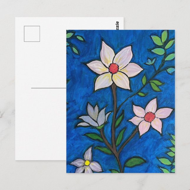 Postal Flores caprichosas con fondo azul (Anverso / Reverso)