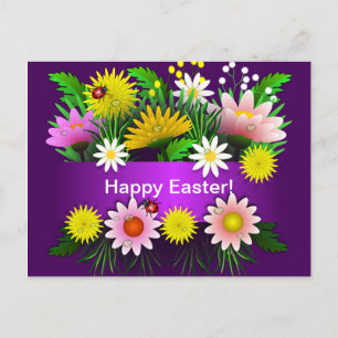 Postal Flores coloridas Lady Bugs Watercolor Pascua