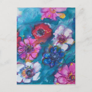 POSTAL FLORES COLORIDOS ROJOS DE COLORIDO BLANCO EN AZUL
