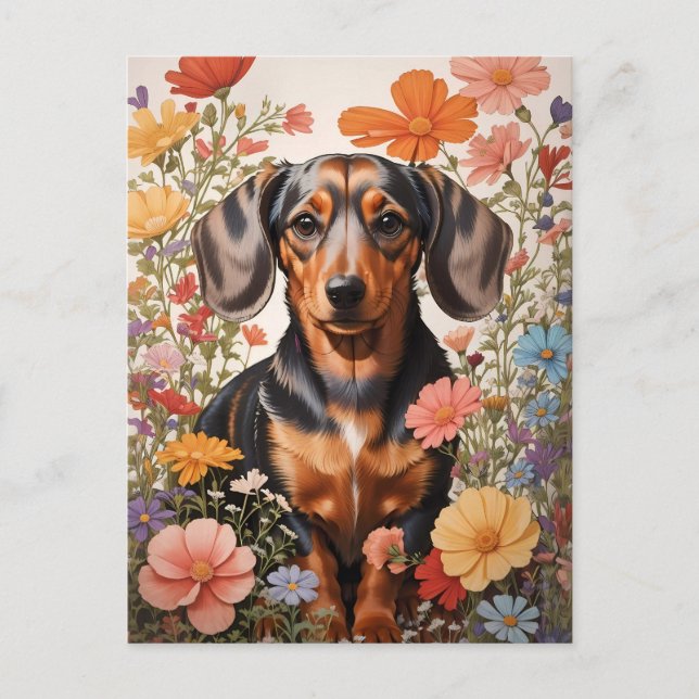 Postal Flores Cute Brown Dachshund Y Cosmos (Anverso)