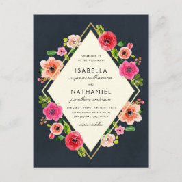 Postal Flores de acuarela elegantes | Boda de marco dorad