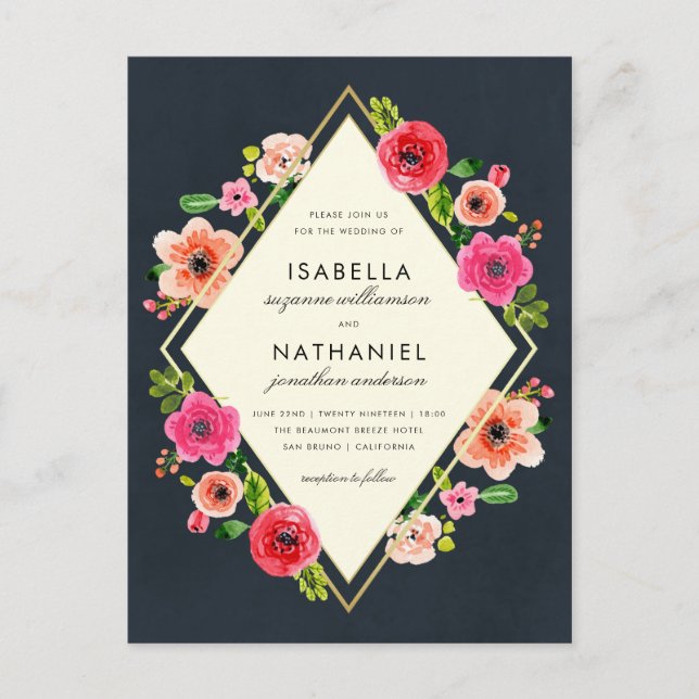 Postal Flores de acuarela elegantes | Boda de marco dorad (Anverso)