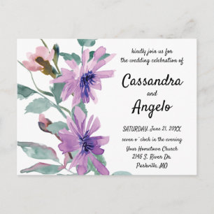 Postal Flores de Acuarela Moradas Boda