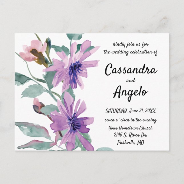 Postal Flores de Acuarela Moradas Boda (Anverso)