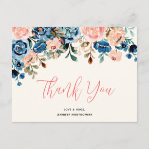 Postal Flores de acuarela rosa y azul gracias