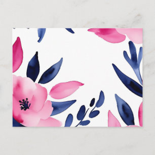 Postal Flores de Acuarela Rosadas Intensas y Azules Marin