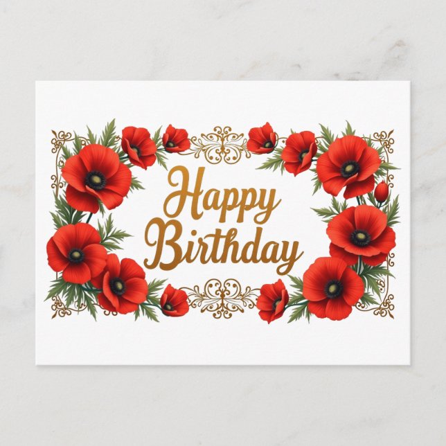 Postal Flores de adormidera roja feliz cumpleaños (Anverso)