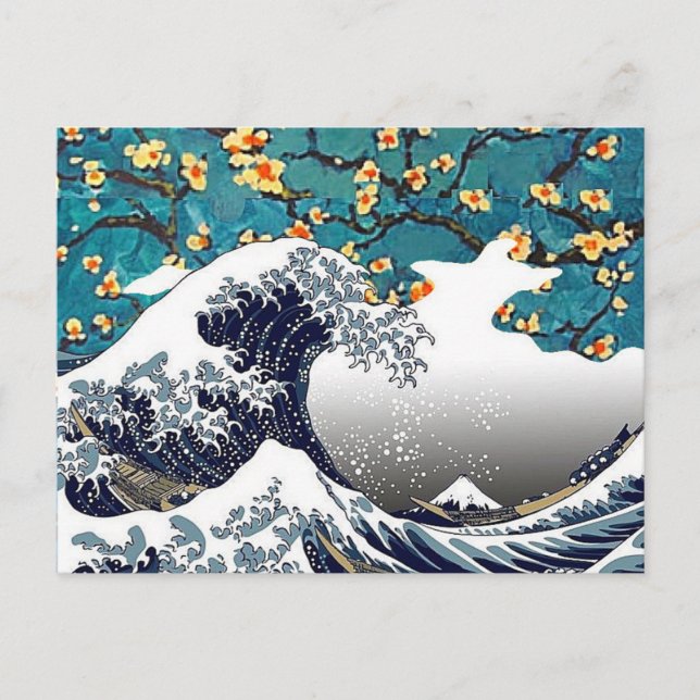 Postal Flores de almendra, la ola, parodia Bella Artes (Anverso)