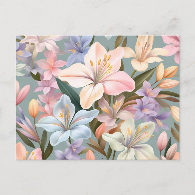 Postal Flores de Alstroemeria Tranquilas en Tonos Pastel (Anverso)