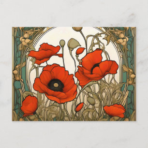 Postal Flores de amapolas Art Nouveau