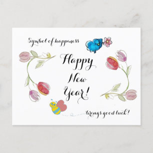 Postal Flores de Año Nuevo felices y símbolo de felicidad
