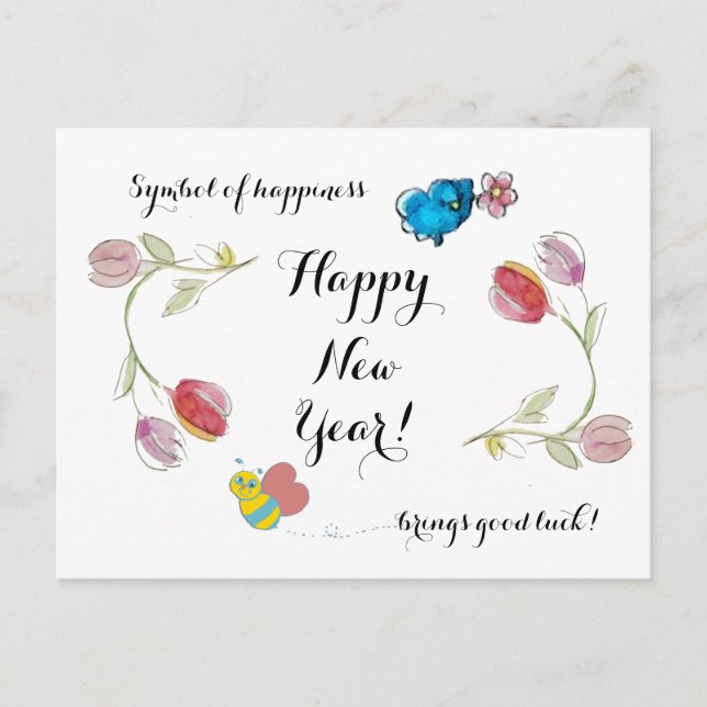 Postal Flores de Año Nuevo felices y símbolo de felicidad (Anverso)