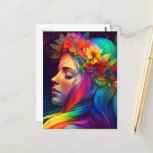 Postal Flores de arcoiris y Chica de pelo colorido
