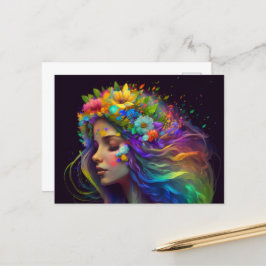 Postal Flores de arcoiris y mujer de pelo