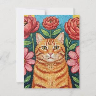 Postal Flores de arte folclórico naranja Cat