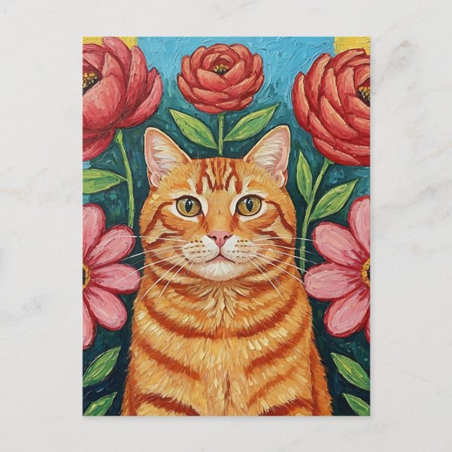 Postal Flores de arte folclórico naranja Cat (Anverso)