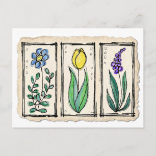 Postal Flores de boceto de tinta y plumas acuarelas