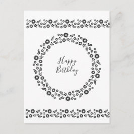 Postal Flores de Boho Wreath Saludos en blanco y negro