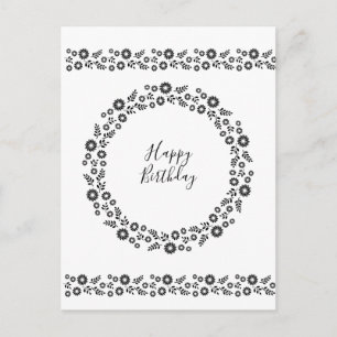 Postal Flores de Boho Wreath Saludos en blanco y negro