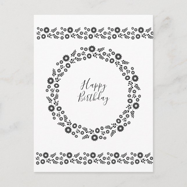 Postal Flores de Boho Wreath Saludos en blanco y negro (Anverso)