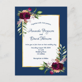 Postal Flores de Borgoña verde oro boho boda azul