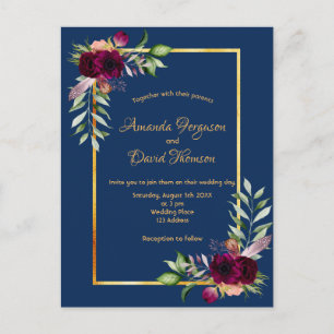 Postal Flores de Borgoña verde oro boho boda azul