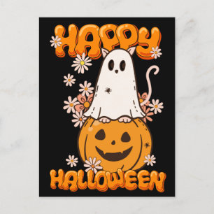 Postal Flores de calabaza de gato fantasma lindo Feliz Ha