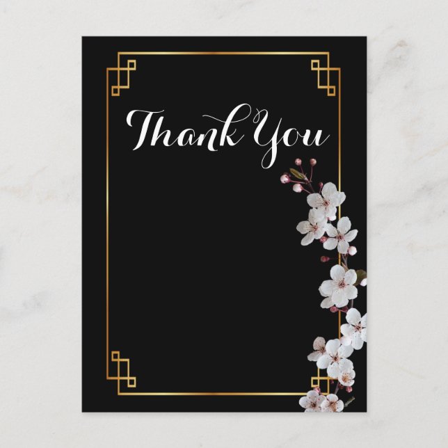 Postal flores de cerezo blancas y marco dorado Gracias (Anverso)