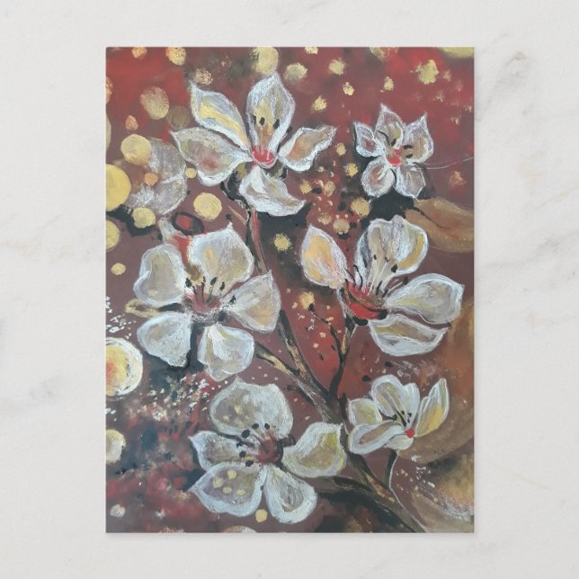 Postal Flores de cerezo blanco en el fondo de los bokees (Anverso)