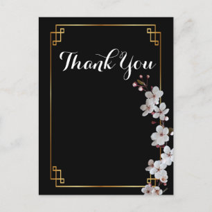 Postal Flores de cerezo blanco y marco dorado Gracias