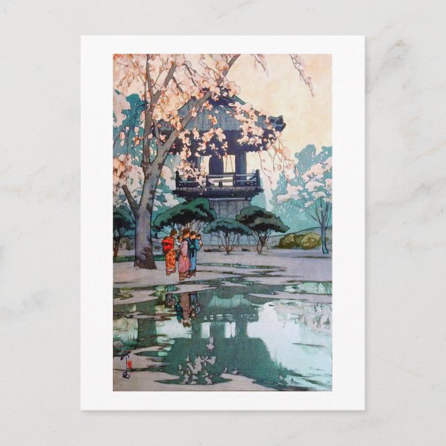 Postal Flores de cerezo y Belfry, Hiroshi Yoshida (Anverso)