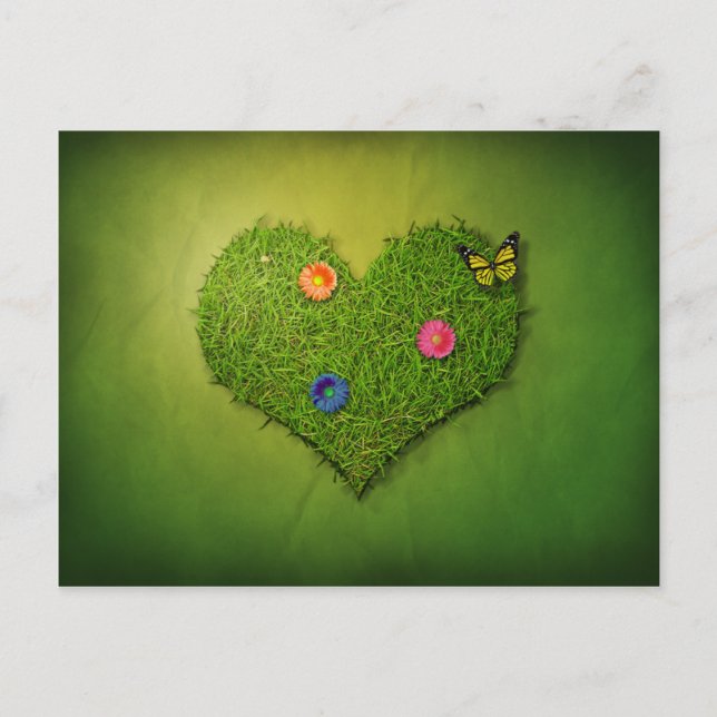 Postal Flores de césped en forma de corazón mariposa (Anverso)