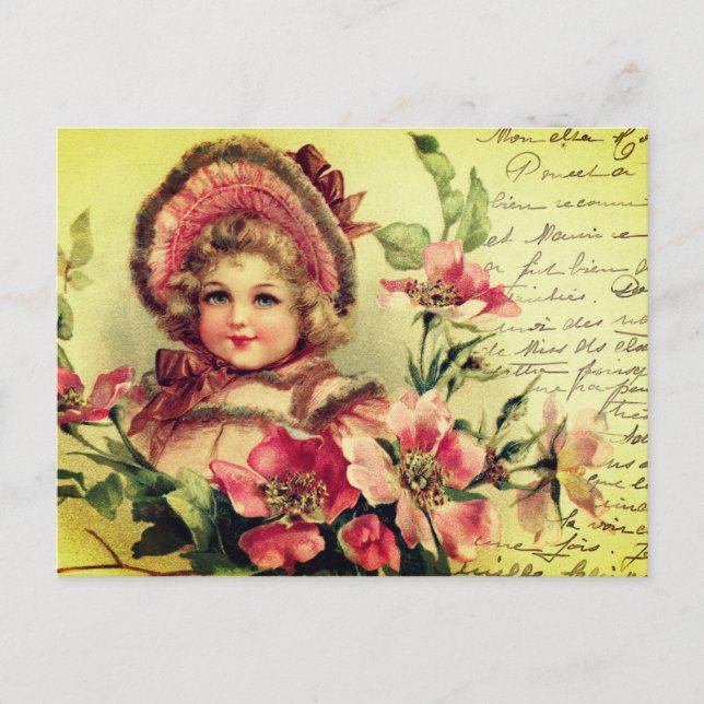 Postal Flores de Chica rosado de época victoriana (Anverso)