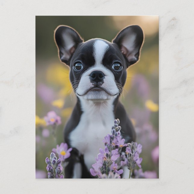 Postal Flores de cigalas de porcino de Boston Terrier (Anverso)