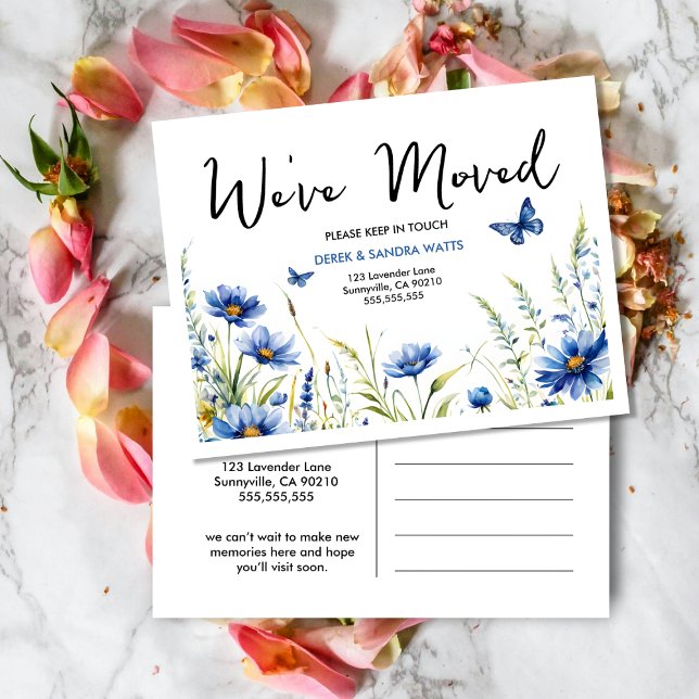 Postal Flores de color azul y mariposas | Cambio de (Subido por el creador)