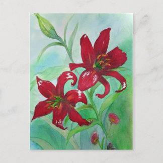 Postal Flores de color de agua de Bella Artes rojo brilla