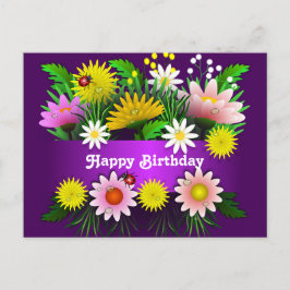 Postal Flores de colores Lady Bugs Acuarela Cumpleaños