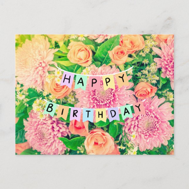 Postal Flores de Cumpleaños Feliz - Mums y Rosas Rosadas (Anverso)