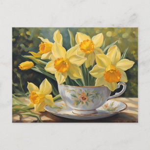 Postal Flores de Daffodil Amarillo en la Copa de Té Vinta