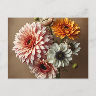 Postal Flores de Dahlias y Anémonas antiguas
